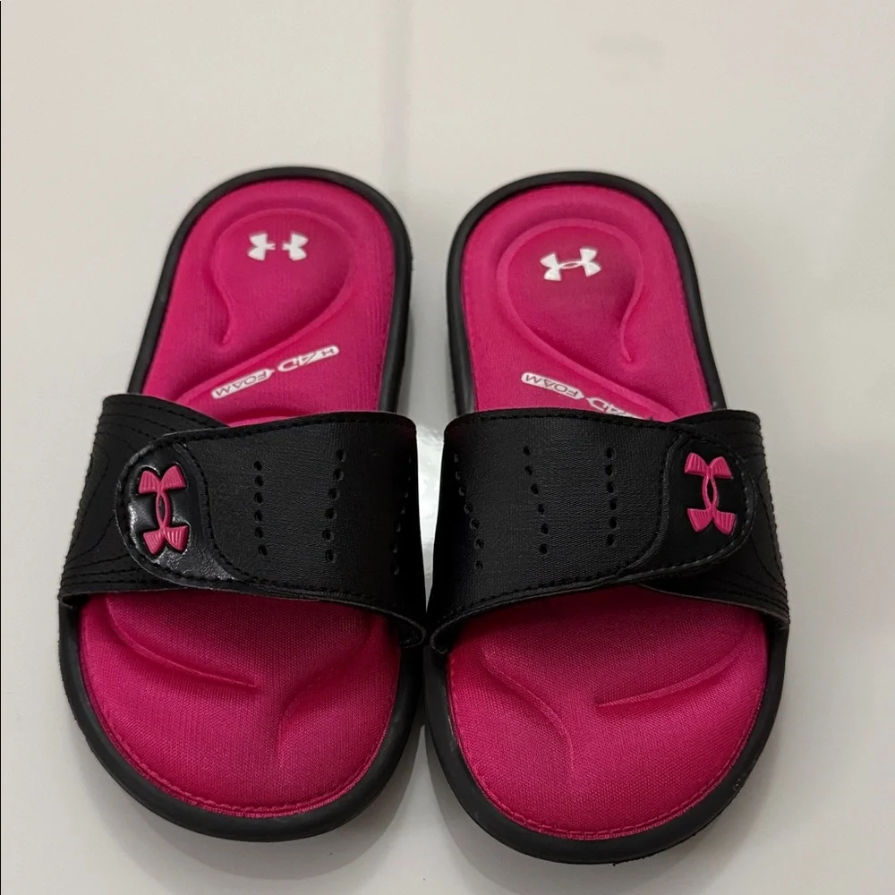 New Under Armour Slide Sandals Girls Youth 1Y Kids Black Hot Pink Foam Ignite